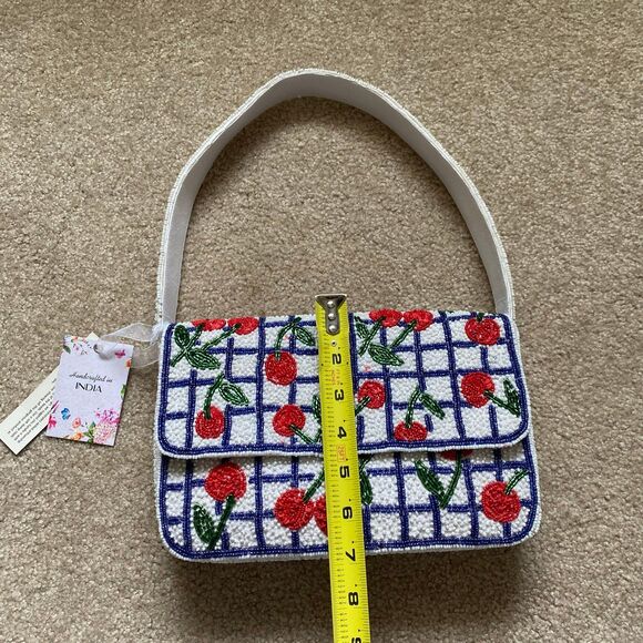 Viral Cherry Beaded Shoulder Bag NWT Navy White Red Green Summer Purse Vacation - Picture 8 of 12